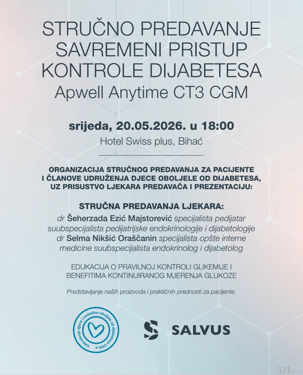 Plakat: Stručno predavanje – Savremeni pristup kontrole dijabetesa, Apwell Anytime CT3 CGM, 20.05.2026. Bihać